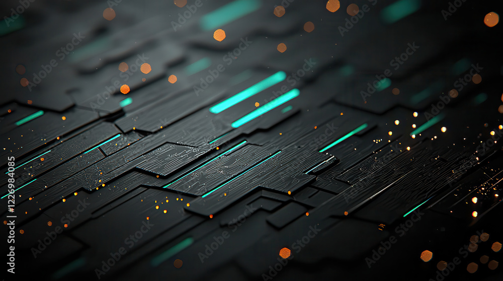 Poster Modern abstract background with glowing lines and particles, featuring dark surface with turquoise accents and textured pattern. design evokes sense of technology and innovation