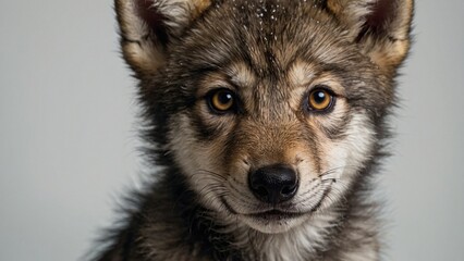Fototapeta premium Close-up portrait of a wolf cub in winter with snow