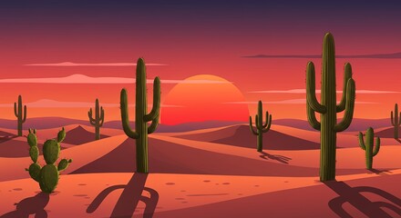 Desert Sunset Landscape with Cacti and Sand Dunes