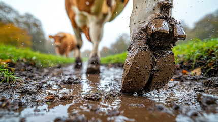 Obraz premium Cow hooves walking muddy path, farm field, autumn