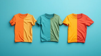 Brightly colored t shirts in orange, green, and red on blue background, showcasing vibrant fashion choices for casual wear