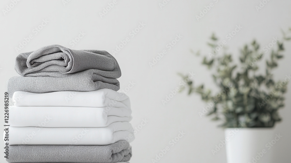 Poster freshly folded gray and white towels stacked neatly with plant in background, creating serene and or