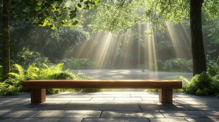 Sunlit park bench, serene forest, morning mist, relaxation