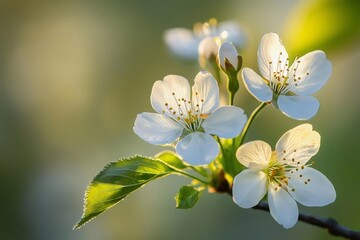 Cherry tree flowers blooming in spring with beautiful white petals and green leaves, illuminated by warm sunlight