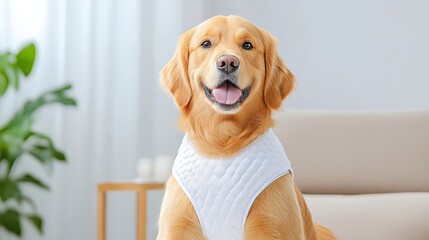 Happy Golden Retriever Dog Sitting in Modern Indoor Space