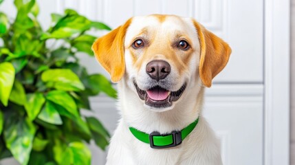 Happy Labrador Retriever Dog with Green Collar and Indoor Plant