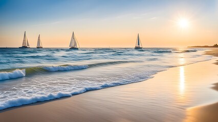 Serene sunset over a tranquil beach with three sailboats gently gliding on the ocean.