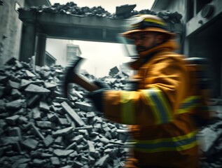 Firefighter Rescue Amidst Building Debris Disaster