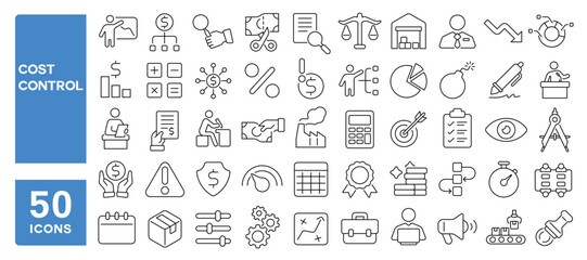 Set of 50 line icons related to cost control, pricing, operation, management, efficiency, audit, quality, workflow, production, project, Editable stroke. Vector illustration