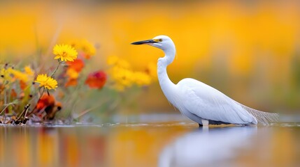 Obraz premium Egret wading in shallow water, yellow flowers, blurred background; nature photography