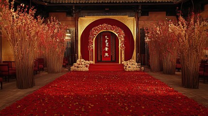 Obraz premium Red carpet wedding ceremony, ancient Chinese palace, floral arch