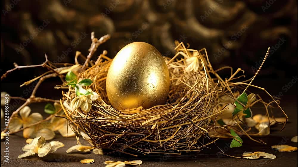 Poster a captivating golden egg nestled in a rustic nest surrounded by delicate leaves and petals in a sere