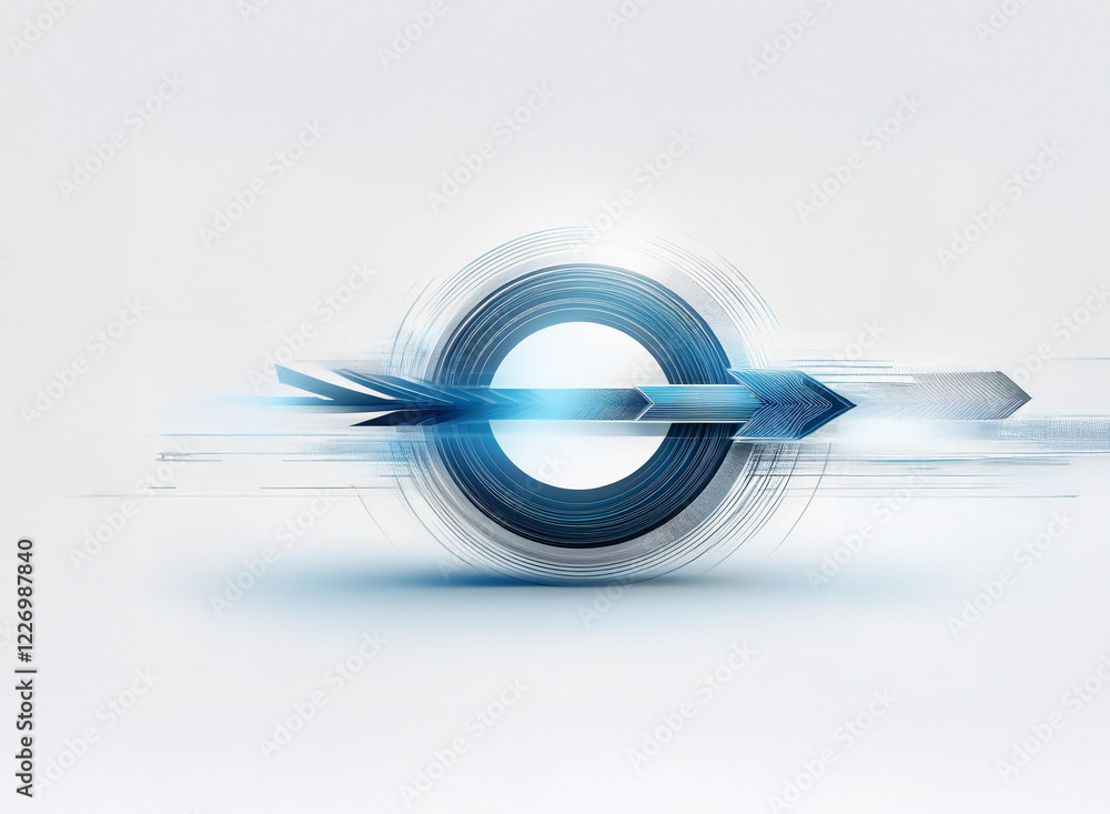 Poster abstract image featuring a stylized circular design with arrows, conveying motion and technological 