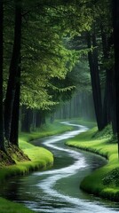 Obraz premium A tranquil river winding through a forest with tall trees and no one around
