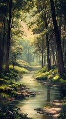 Fototapeta premium A tranquil river winding through a forest with tall trees and no one around