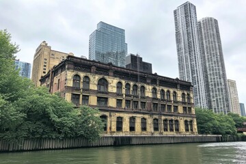 Naklejka premium An abandoned historic building stands in stark contrast to sleek modern skyscrapers, nestled along the waterfront on a cloudy day in the bustling urban landscape
