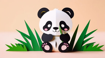 3D paper cuttings style cute panda, cute bear, funny animal