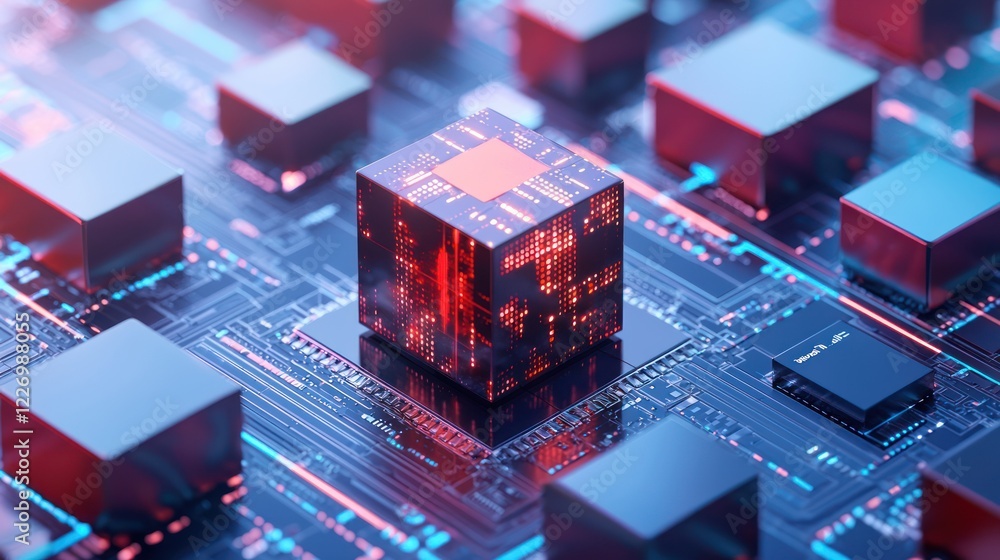 Poster a futuristic close-up of a glowing microchip surrounded by smaller circuits, showcasing intricate te