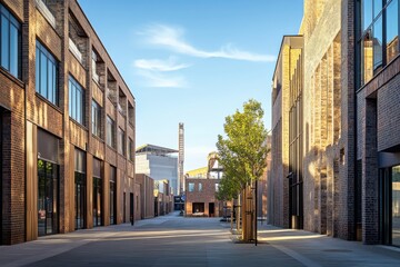 Naklejka premium Urban landscape showcasing modern architecture and brick buildings with a clear sky in a vibrant urban setting during the daytime