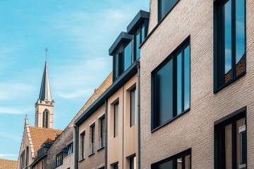 Fototapeta premium Beautiful architecture in a serene neighborhood featuring modern buildings alongside a historic church under a clear blue sky in a charming urban area