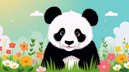 Baby panda with flowers, cute bear, funny animal