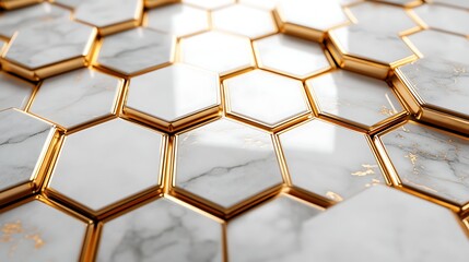 3D white and gold color hexagon tiles pattern shape background