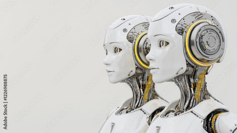 Aufkleber two futuristic humanoid robots with intricate designs and metallic features are displayed against a 