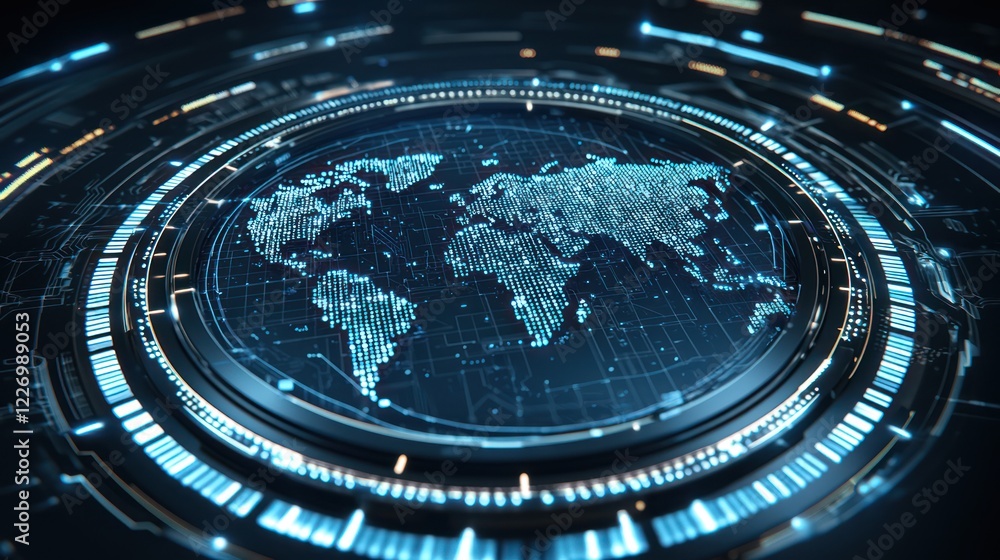 Poster a digital globe with interconnected data points, showcasing a futuristic map of the world in vibrant