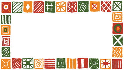 Black History Month, Juneteenth, Kwanzaa banner, greeting card, invitation, flyer empty blank template with copy space with decorative Africa inspired hand drawn abstract block pattern frame border