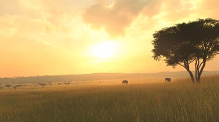 Obraz premium Two elephants silhouette in an African savanna at sunset with tall grass and single tree