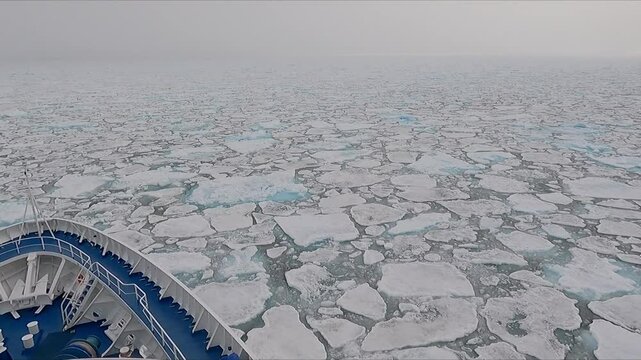 POV from front of ship sailing through frozen arctic sea under foggy sky