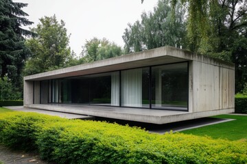 Modern architectural design showcases minimalist aesthetic amidst greenery in a serene outdoor setting during overcast weather