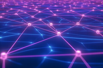 Glowing digital network illustration, interconnected nodes and lines forming a glowing web, purple and blue gradient background, symbolizing advanced technology and seamless connections