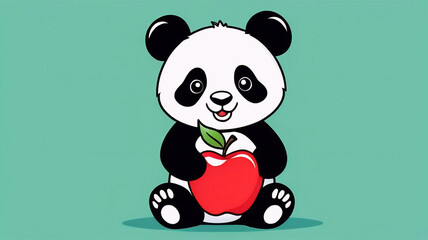 Obraz premium Cartoon panda bear holding an apple, cute bear, funny animal