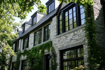Fototapeta premium Elegant stone house with large windows and green vines on a sunny day in a serene neighborhood, showcasing modern architectural design and natural beauty