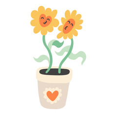 two flowers in one pot in doodle style in vector. Element for poster sticker design logo decoration