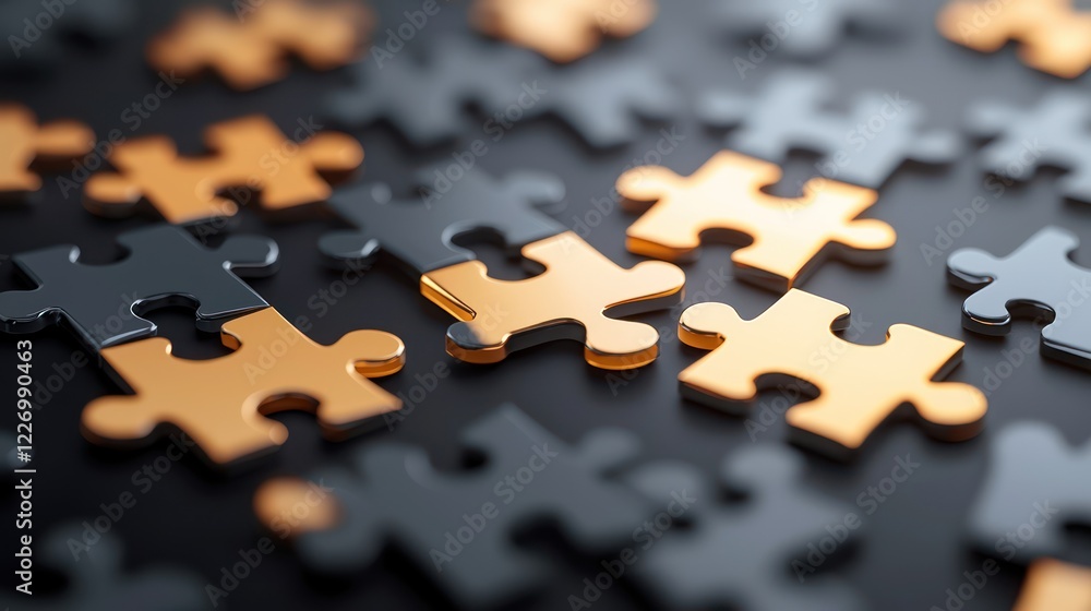 Poster a close-up view of interlocking puzzle pieces in black and gold, highlighting their unique shapes an