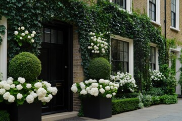 Beautifully landscaped entryway showcasing lush greenery and white hydrangea arrangements in a charming urban setting during daylight