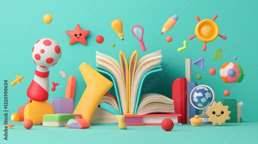 Aufkleber a colorful scene with an open book surrounded by playful toys and shapes, creating a fun and imagina