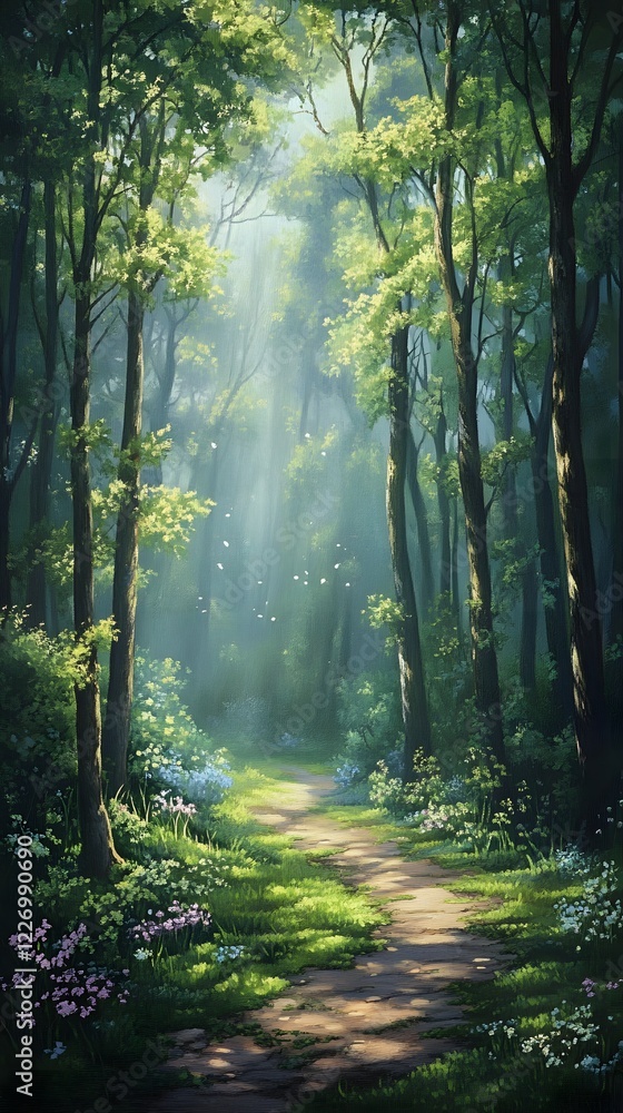 Poster a peaceful forest path with towering trees and soft light filtering through