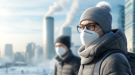 Urban commuters wearing masks walk through industrial cityscape in winter capturing the impact of pollution on daily life