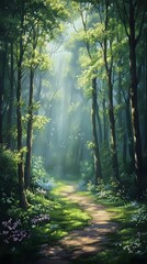 Obraz premium A peaceful forest path with towering trees and soft light filtering through