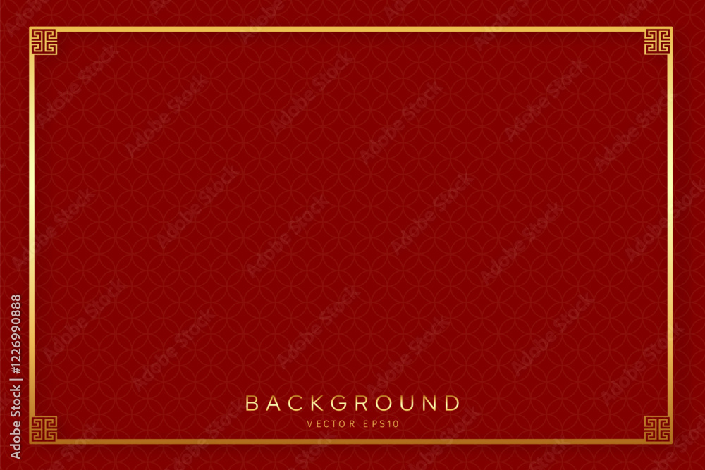 Wall mural chinese new year red background with golden line frame and oriental style pattern, vector design
