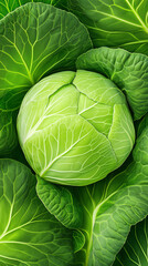 Fototapeta premium Fresh green cabbage with vibrant leaves displayed. Top view of fresh green cabbage surrounded by vibrant leaves, intricate natural patterns and textures. Healthy eating and organic food concepts