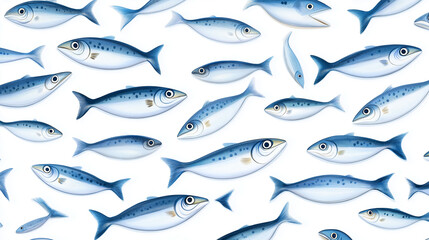 Seamless pattern featuring multiple mackerel fish illustrated with a top view. The fish are arranged on a white background, showcasing their sleek, streamlined bodies and distinct markings