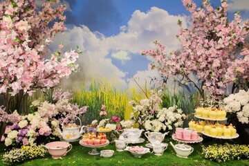 Springtime Tea Party A garden tea party setup with delicate porcelain teacups, floral arrangements, and pastel-colored pastries.