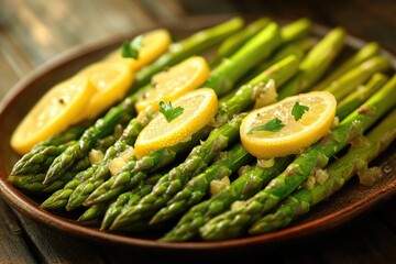 Gourmet cooked asparagus spears on a wooden table.