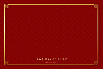 Chinese new year red background with golden line frame and oriental style pattern, vector design   