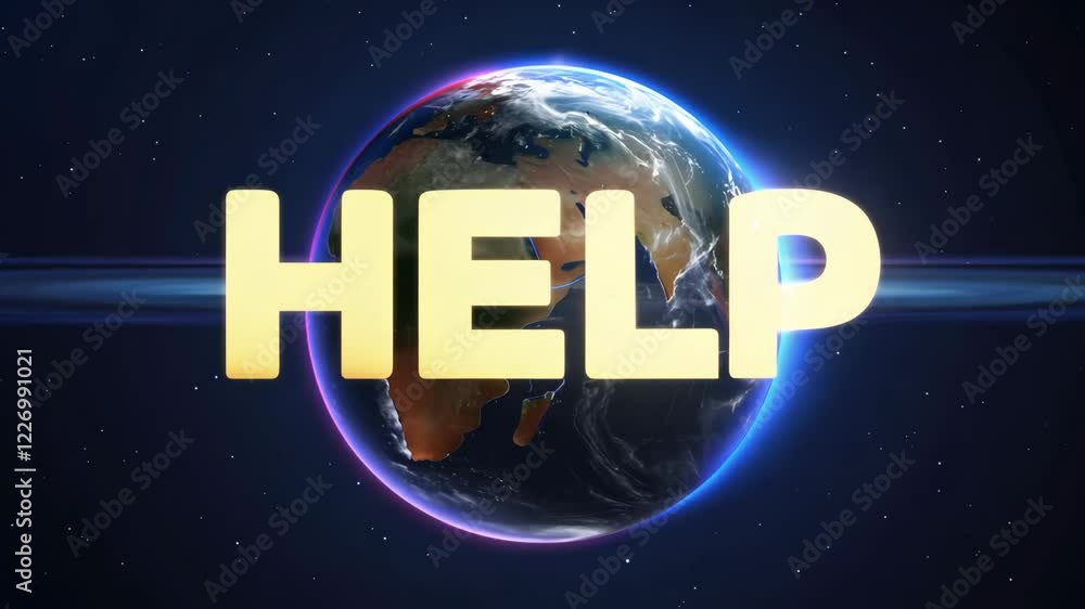 Poster a planet with the word help written on it. the planet is surrounded by stars