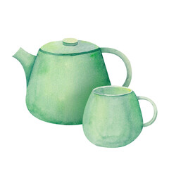Green minimalist teapot with a tea cup beside it, emphasizing simplicity and elegance. This watercolor illustration is ideal for eco-friendly product packaging, tea promotions, or lifestyle visuals.